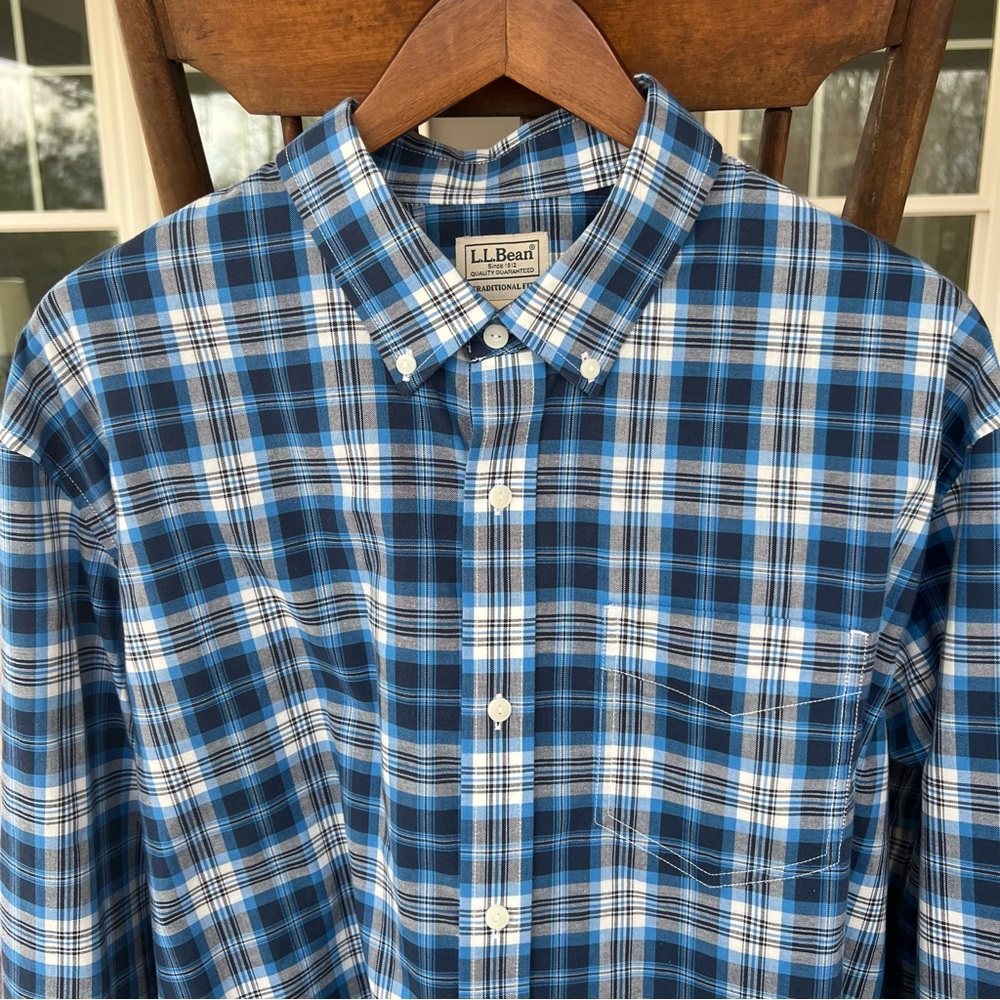 LL Bean Traditional Fit Button Shirt Men XL Blue Plaid Cotton Long Sleeve 500508
